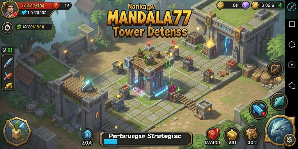 Tampilan gameplay MANDALA77 saat mempertahankan menara dari serangan musuh.